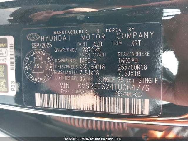 2026 Hyundai Palisade Xrt Pro მანქანა იყიდება აუქციონზე, vin: KM8RJES24TU064776, აუქციონის ნომერი: 12668123