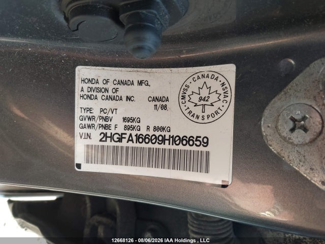 12668126 :رقم المزاد ، 2HGFA16609H106659 vin ، 2009 Honda Civic Sport مزاد بيع