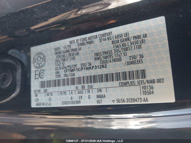 12668137 :رقم المزاد ، 1FTMF1CP1NKF31282 vin ، 2022 Ford F150 مزاد بيع