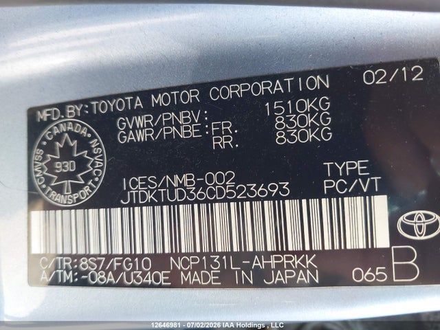 12646981 :رقم المزاد ، JTDKTUD36CD523693 vin ، 2012 Toyota Yaris Le مزاد بيع