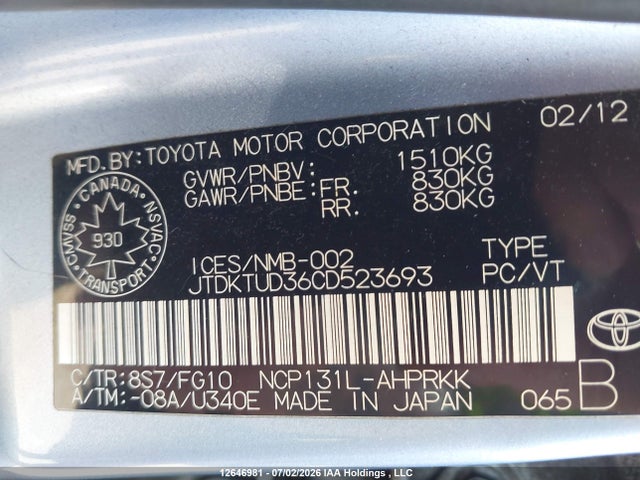 12646981 :رقم المزاد ، JTDKTUD36CD523693 vin ، 2012 Toyota Yaris Le مزاد بيع