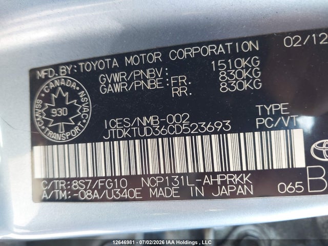 12646981 :رقم المزاد ، JTDKTUD36CD523693 vin ، 2012 Toyota Yaris Le مزاد بيع