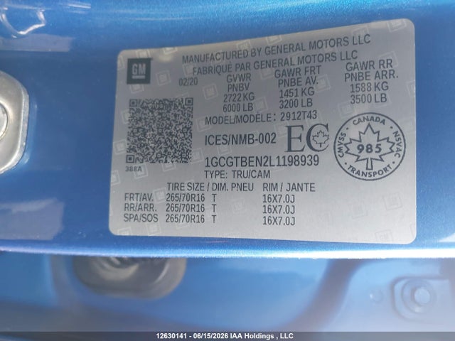 Chevrolet Colorado Wt 2020 1GCGTBEN2L1198939 Image 9