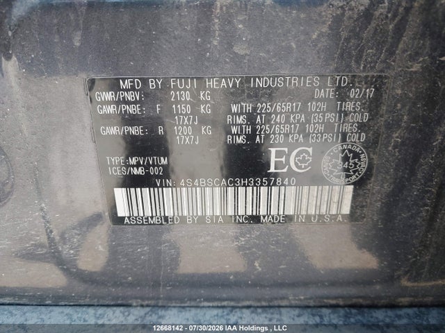Продаж на аукціоні авто 2017 Subaru Outback, vin: 4S4BSCAC3H3357840, номер лоту: 12668142