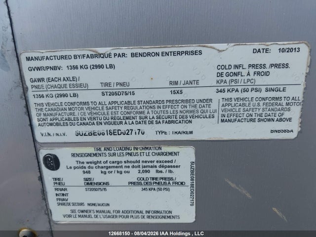 12668150 :رقم المزاد ، 5UZBE0818ED027170 vin ، 2014 Diamond C Trailer Enclosed Trailer Bnb58 مزاد بيع