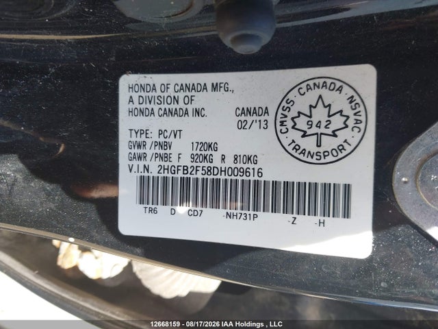 Продаж на аукціоні авто 2013 Honda Civic, vin: 2HGFB2F58DH009616, номер лоту: 12668159