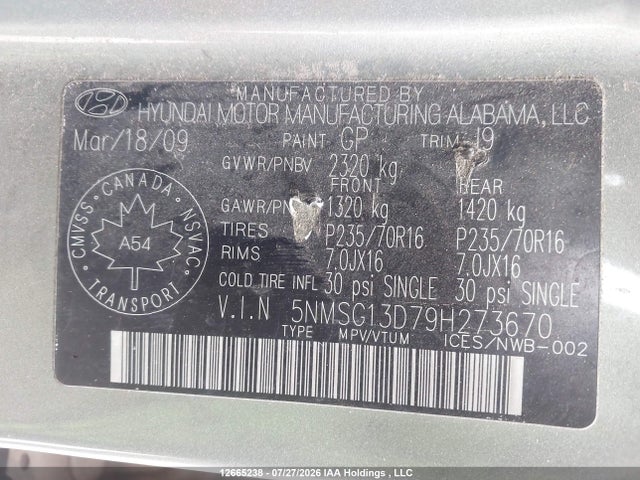 Продаж на аукціоні авто 2009 Hyundai Santa Fe Gl, vin: 5NMSG13D79H273670, номер лоту: 12665238