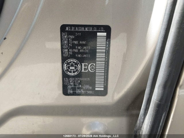 Aukcja sprzedaży 2011 Nissan Quest S/sv/sl/le, vin: JN8AE2KP5B9009226, numer aukcji: 12668173