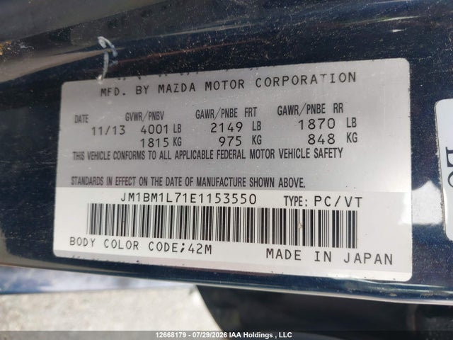 Продаж на аукціоні авто 2014 Mazda 3 Touring, vin: JM1BM1L71E1153550, номер лоту: 12668179