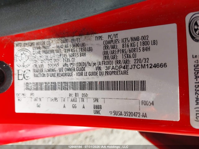 Aukcja sprzedaży 2012 Ford Fiesta, vin: 3FADP4EJ7CM124666, numer aukcji: 12668184