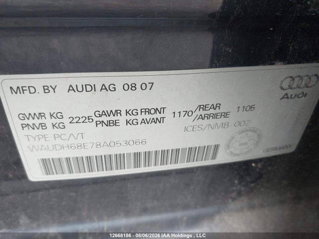 Auction sale of the 2008 Audi A4 Quattro, vin: WAUDH68E78A053066, lot number: 12668186
