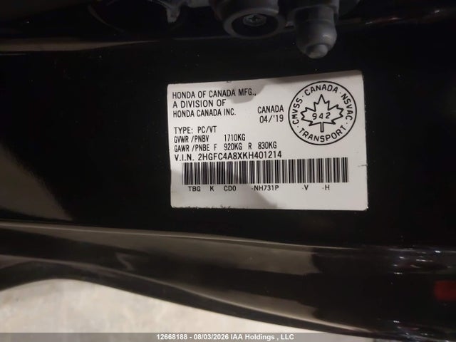 2019 Honda Civic Sport მანქანა იყიდება აუქციონზე, vin: 2HGFC4A8XKH401214, აუქციონის ნომერი: 12668188