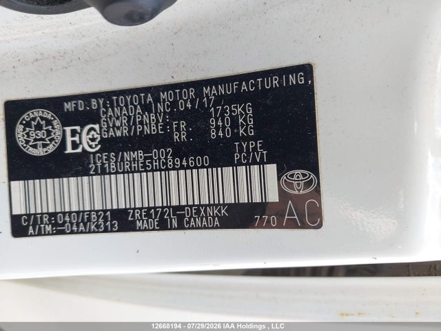2T1BURHE5HC894600 Toyota Corolla L/le/xle/se/xse