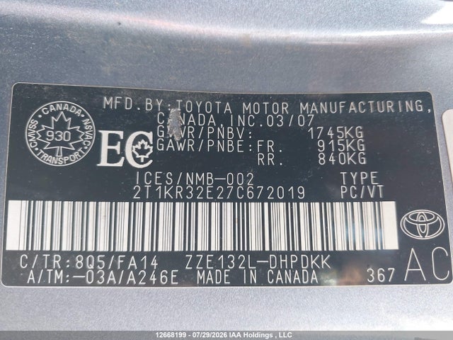 2007 Toyota Matrix Wagon მანქანა იყიდება აუქციონზე, vin: 2T1KR32E27C672019, აუქციონის ნომერი: 12668199