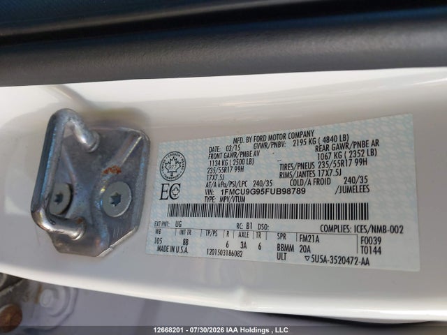 Продажа на аукционе авто 2015 Ford Escape Se, vin: 1FMCU9G95FUB98789, номер лота: 12668201