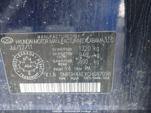 12668206 :رقم المزاد ، 5NPDH4AEXCH087098 vin ، 2012 Hyundai Elantra مزاد بيع
