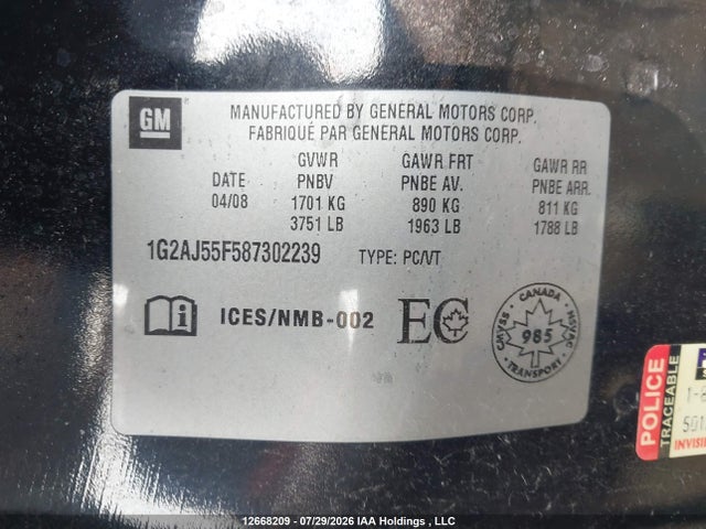 Aukcja sprzedaży 2008 Pontiac G5, vin: 1G2AJ55F587302239, numer aukcji: 12668209
