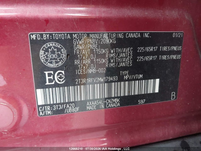 Продажа на аукционе авто 2021 Toyota Rav4 Xle, vin: 2T3R1RFV2MW179493, номер лота: 12668210