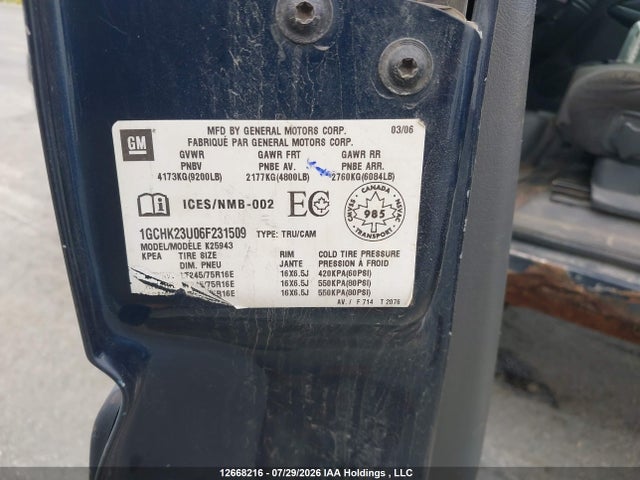 12668216 :رقم المزاد ، 1GCHK23U06F231509 vin ، 2006 Chevrolet Silverado 2500hd Ls/lt مزاد بيع