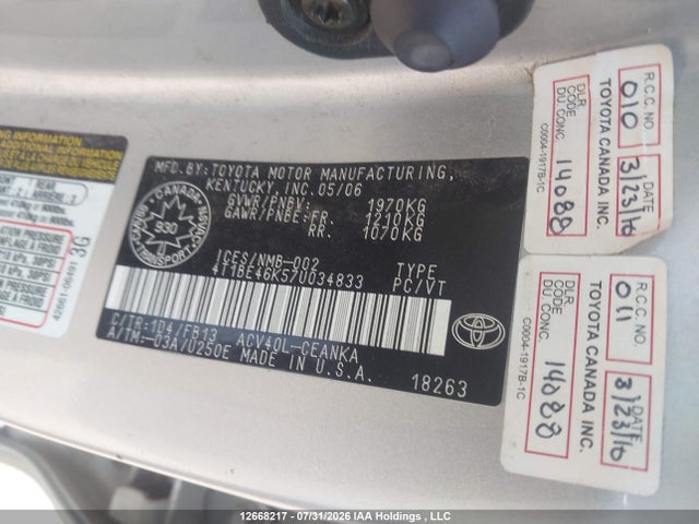 Продаж на аукціоні авто 2007 Toyota Camry Ce/le/xle/se, vin: 4T1BE46K57U034833, номер лоту: 12668217