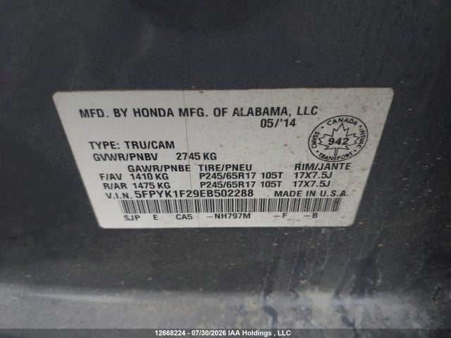 Honda Ridgeline Rt 2014 5FPYK1F29EB502288 Image 9