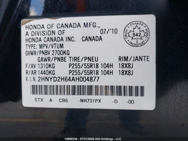 2010 Acura Mdx Technology მანქანა იყიდება აუქციონზე, vin: 2HNYD2H64AH004877, აუქციონის ნომერი: 12668236