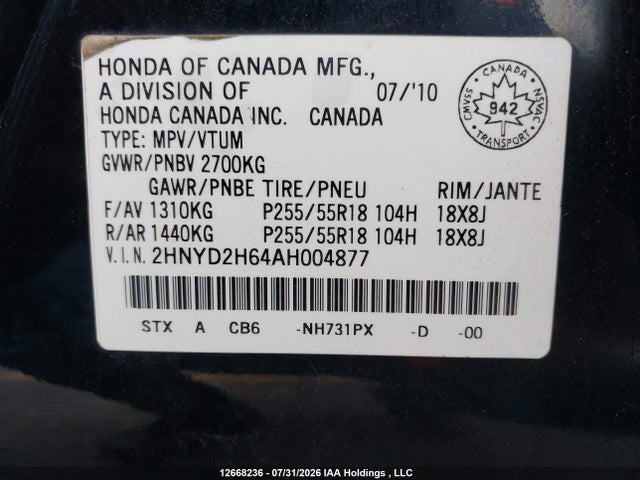 2010 Acura Mdx Technology მანქანა იყიდება აუქციონზე, vin: 2HNYD2H64AH004877, აუქციონის ნომერი: 12668236