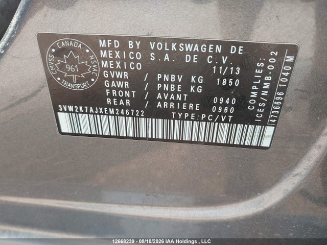 Auction sale of the 2014 Volkswagen Jetta Sedan, vin: 3VW2K7AJXEM246722, lot number: 12668239
