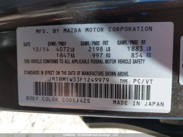 12668240 :رقم المزاد ، JM1BM1W33F1249979 vin ، 2015 Mazda 3 Grand Touring مزاد بيع