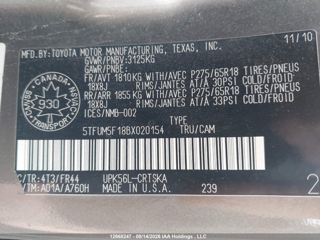 2011 Toyota Tundra Sr5 4.6l V8 მანქანა იყიდება აუქციონზე, vin: 5TFUM5F18BX020154, აუქციონის ნომერი: 12668247