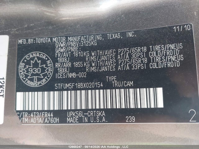 2011 Toyota Tundra Sr5 4.6l V8 მანქანა იყიდება აუქციონზე, vin: 5TFUM5F18BX020154, აუქციონის ნომერი: 12668247