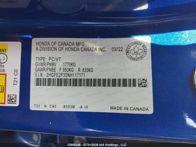 Aukcja sprzedaży 2022 Honda Civic Ex 4dr, vin: 2HGFE2F30NH117171, numer aukcji: 12668248