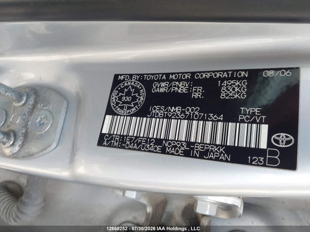 12668252 :رقم المزاد ، JTDBT923671071364 vin ، 2007 Toyota Yaris مزاد بيع