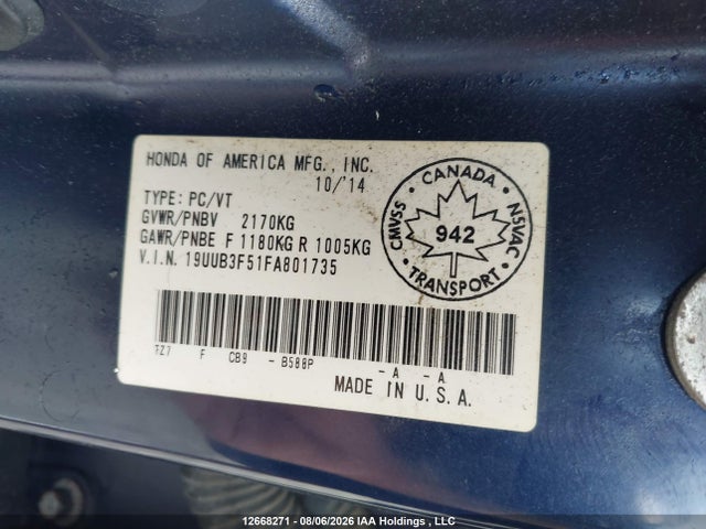2015 Acura Tlx მანქანა იყიდება აუქციონზე, vin: 19UUB3F51FA801735, აუქციონის ნომერი: 12668271