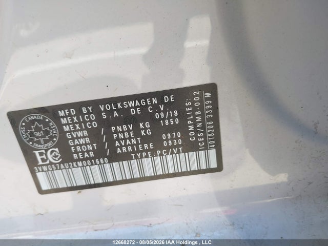 3VWG57AU2KM001660 Volkswagen Golf