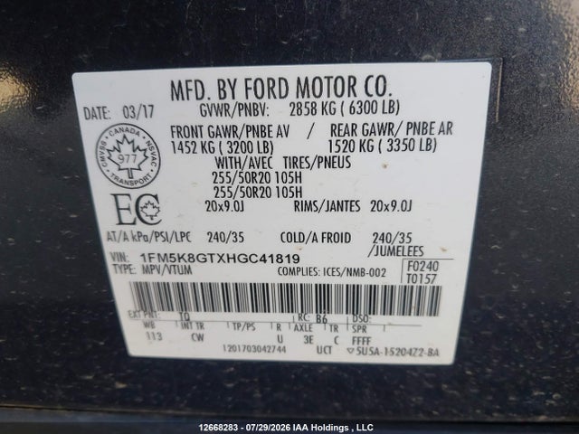 2017 Ford Explorer Sport მანქანა იყიდება აუქციონზე, vin: 1FM5K8GTXHGC41819, აუქციონის ნომერი: 12668283