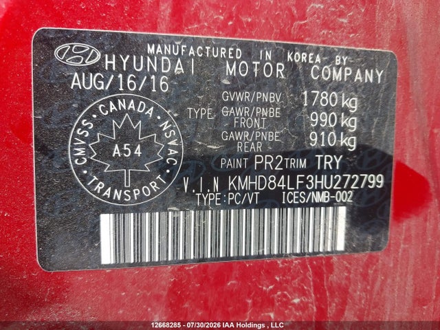 KMHD84LF3HU272799 Hyundai Elantra