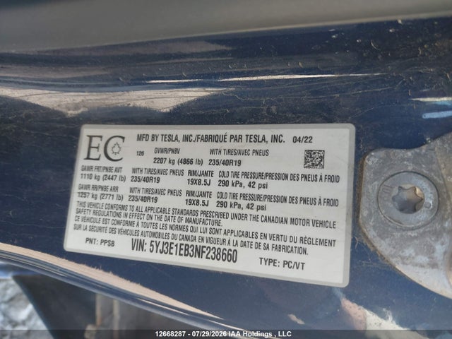 Auction sale of the 2022 Tesla Model 3 Long Range, vin: 5YJ3E1EB3NF238660, lot number: 12668287