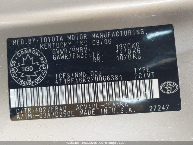 2007 Toyota Camry Ce/le/xle/se მანქანა იყიდება აუქციონზე, vin: 4T1BE46K27U066381, აუქციონის ნომერი: 12668303