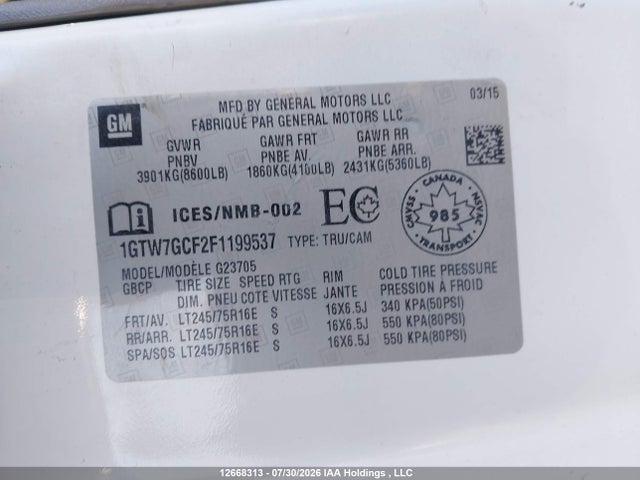 Aukcja sprzedaży 2015 Gmc Savana G2500, vin: 1GTW7GCF2F1199537, numer aukcji: 12668313