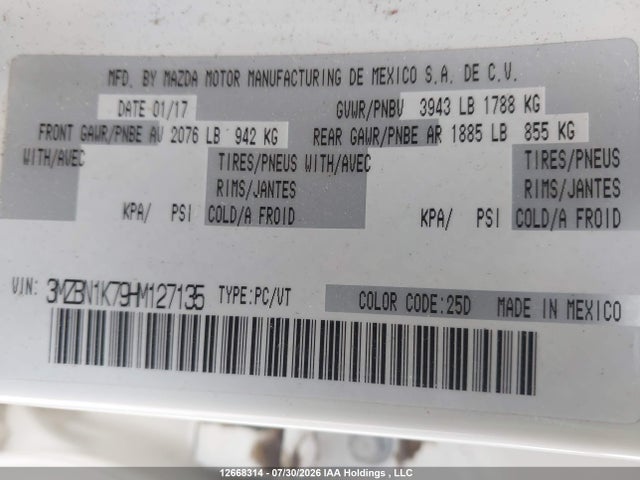 12668314 :رقم المزاد ، 3MZBN1K79HM127135 vin ، 2017 Mazda Mazda3 Gx مزاد بيع