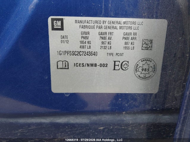 2012 Chevrolet Cruze Lt მანქანა იყიდება აუქციონზე, vin: 1G1PF5SC2C7243640, აუქციონის ნომერი: 12668319