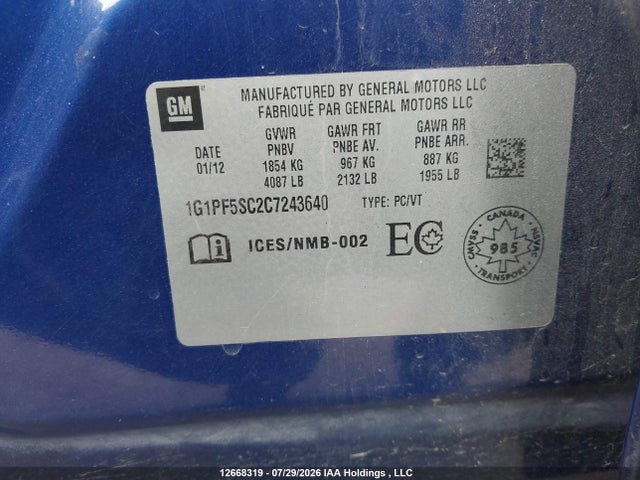 2012 Chevrolet Cruze Lt მანქანა იყიდება აუქციონზე, vin: 1G1PF5SC2C7243640, აუქციონის ნომერი: 12668319