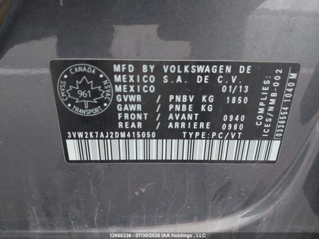 Продаж на аукціоні авто 2013 Volkswagen Jetta S, vin: 3VW2K7AJ2DM415050, номер лоту: 12668336