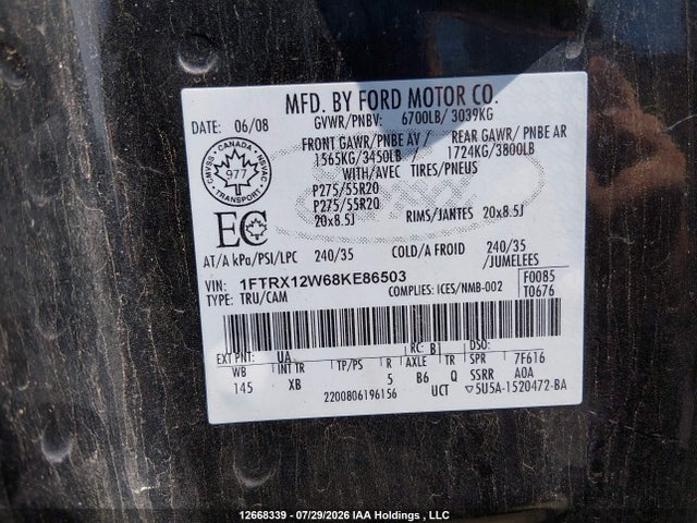 Продаж на аукціоні авто 2008 Ford F150, vin: 1FTRX12W68KE86503, номер лоту: 12668339