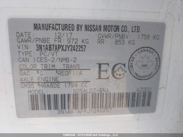 Aukcja sprzedaży 2018 Nissan Sentra 1.8 S/1.8 Sv/1.8 Sv Midnight Edition, vin: 3N1AB7APXJY242257, numer aukcji: 12668340