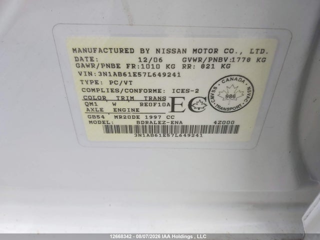 12668342 :رقم المزاد ، 3N1AB61E57L649241 vin ، 2007 Nissan Sentra 2.0/2.0s/2.0sl مزاد بيع