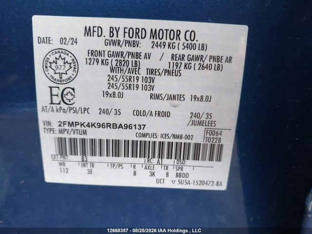 Aukcja sprzedaży 2024 Ford Edge Titanium, vin: 2FMPK4K96RBA96137, numer aukcji: 12668357