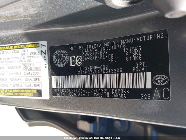 Продаж на аукціоні авто 2007 Toyota Matrix Xr, vin: 2T1KR32EX7C643206, номер лоту: 12668362