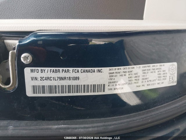 2C4RC1L79NR181089 Chrysler Pacifica Hybrid Touring L